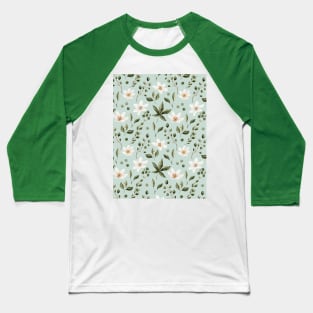 White Flowers and Green Leaves Pattern on Green Baseball T-Shirt